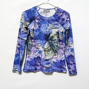 Athleta Rash Guard Swim Top S Blue Tropical Fitted Performance Long Sleeve